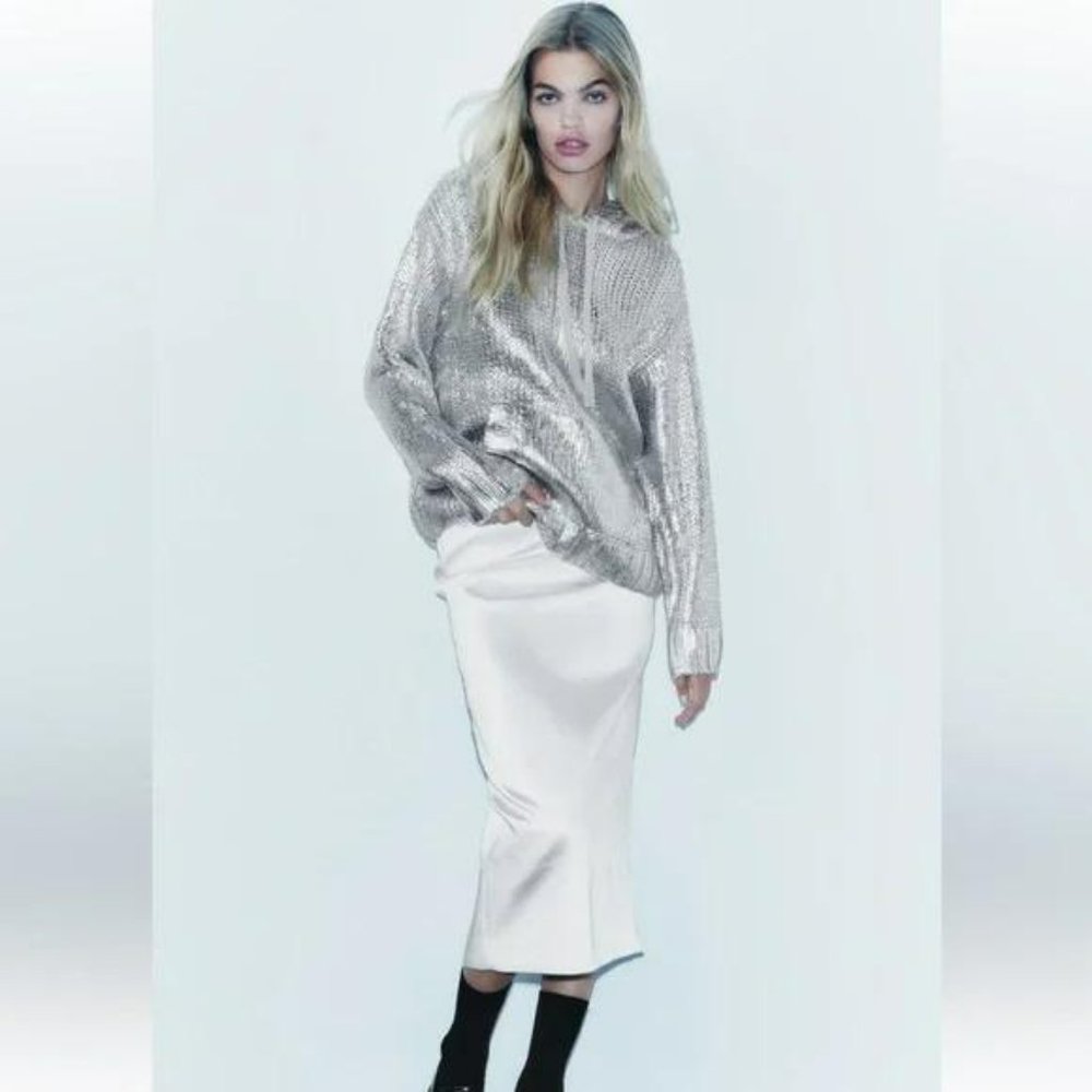 ZARA FOIL HOODED KNIT SWEATSHIRT